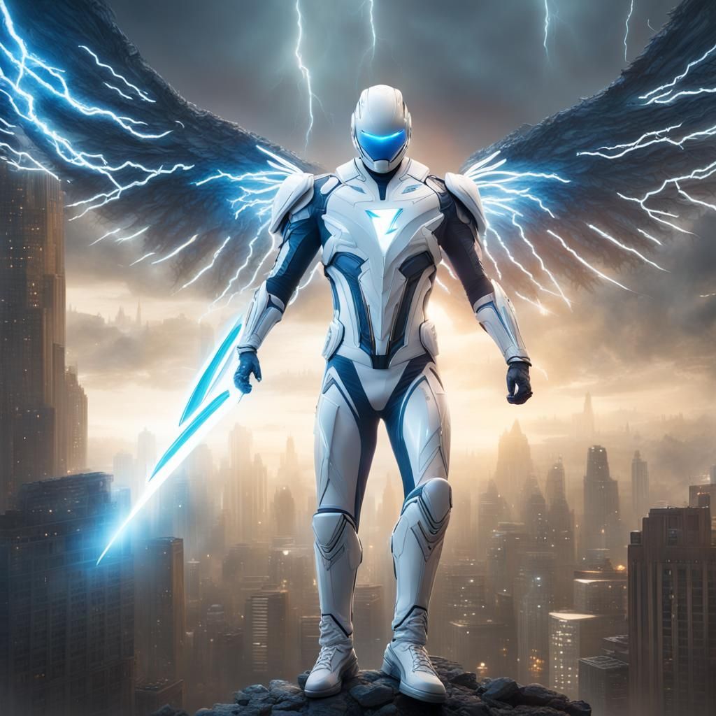 Futuristic Superhero with Lightning Powers and Plasma Sword