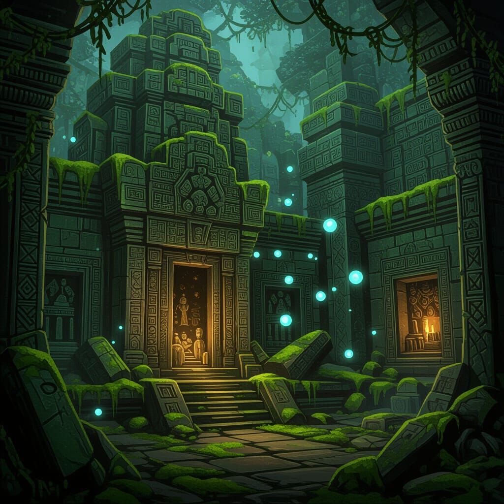Ancient Temple Overgrown with Luminous Moss and Vines
