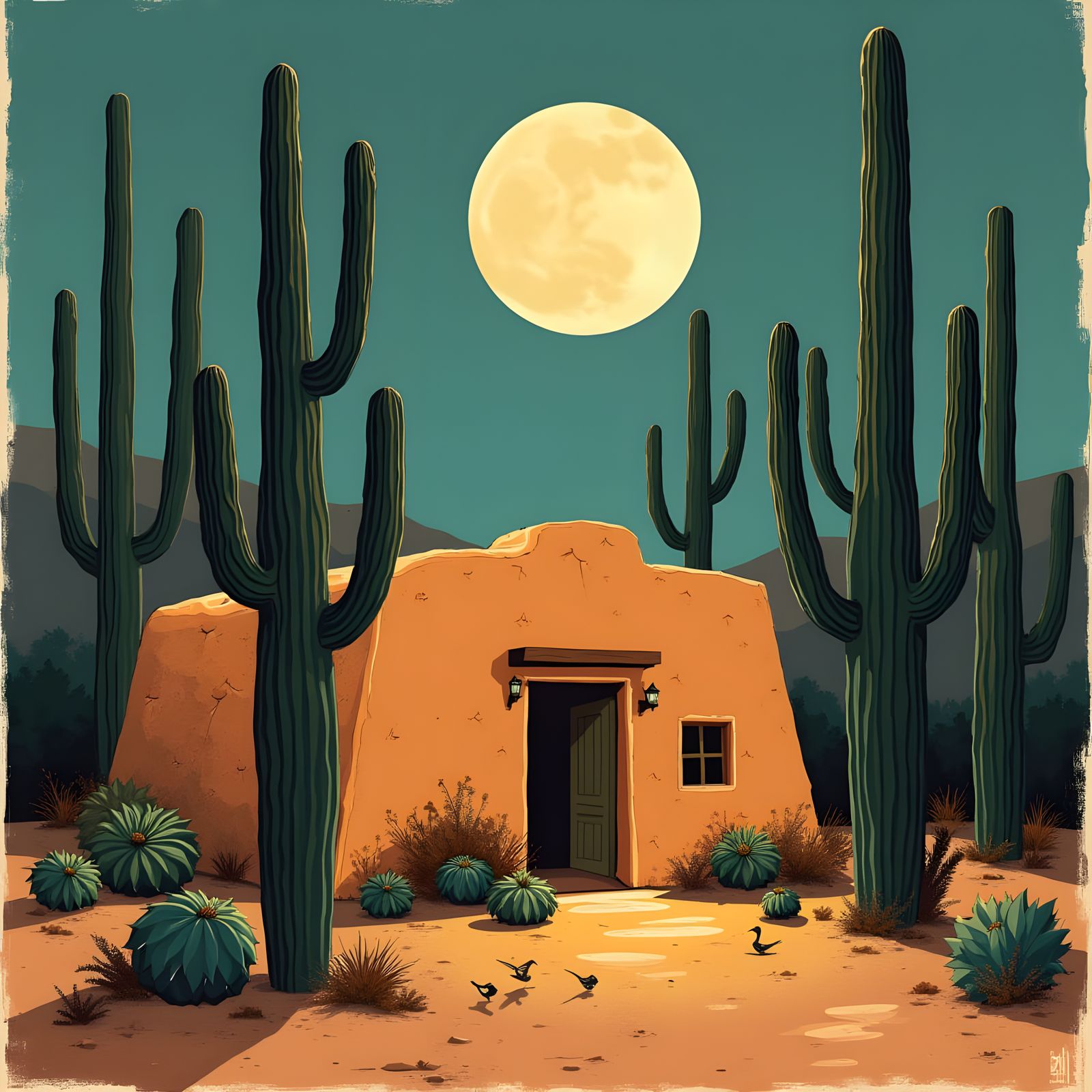 Vintage Desert Night Scene with Saguaros and Adobe Hut