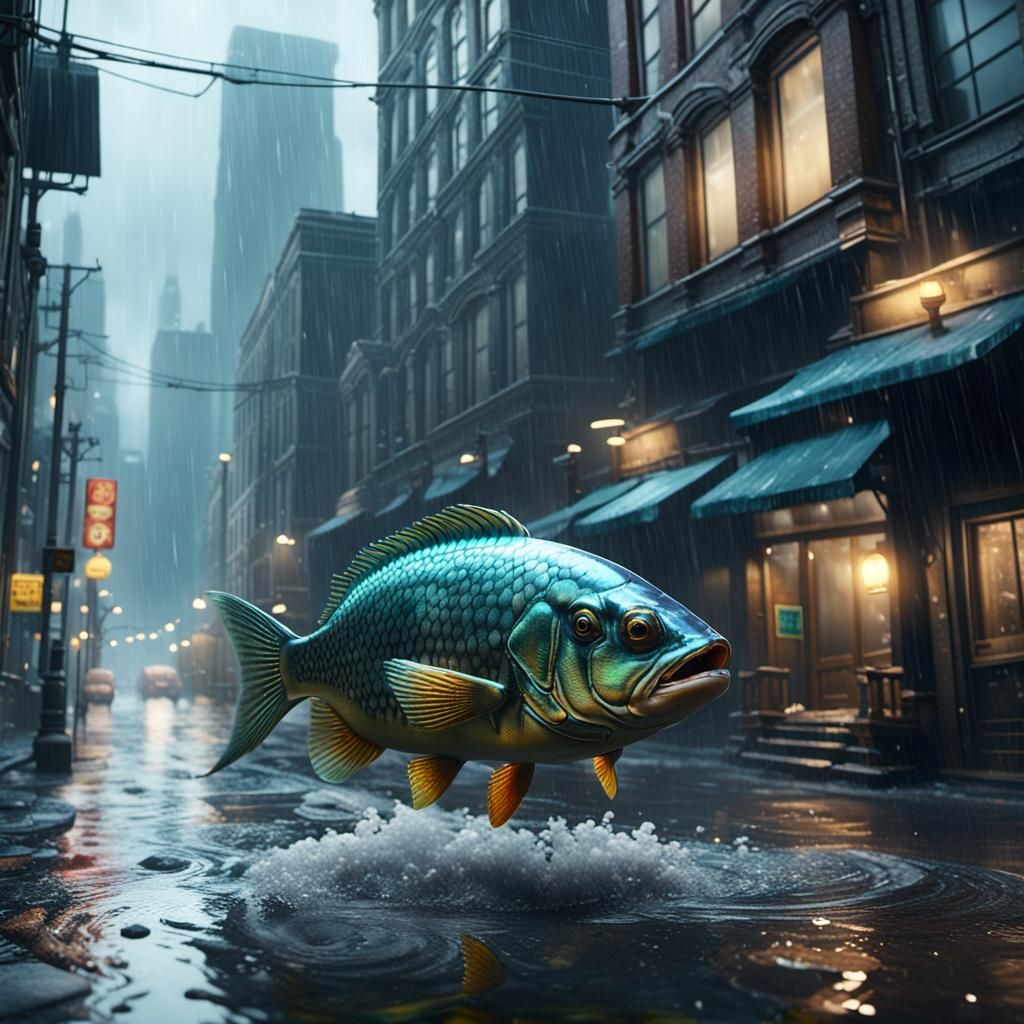 Fish Walks in Rainy Cityscape: 3D Game Art