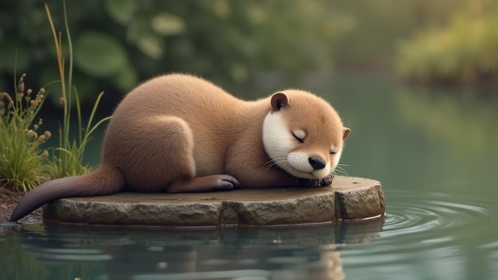 Realistic Otter Sleeping Beside Serene Pond