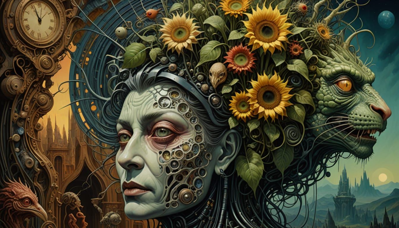 Mystical Biomechanical Being in Surreal Art Nouveau Style
