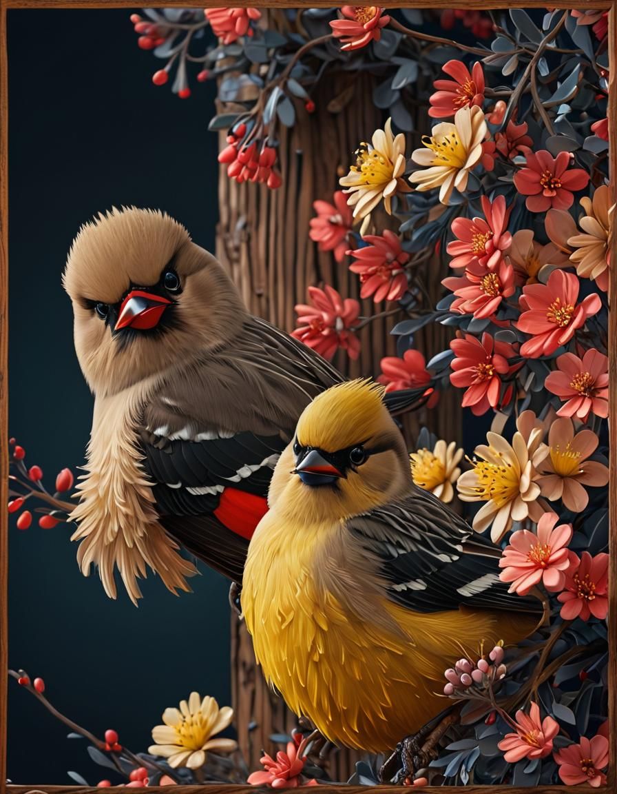 Cute Bohemian Waxwing in Dark Floral Wood
