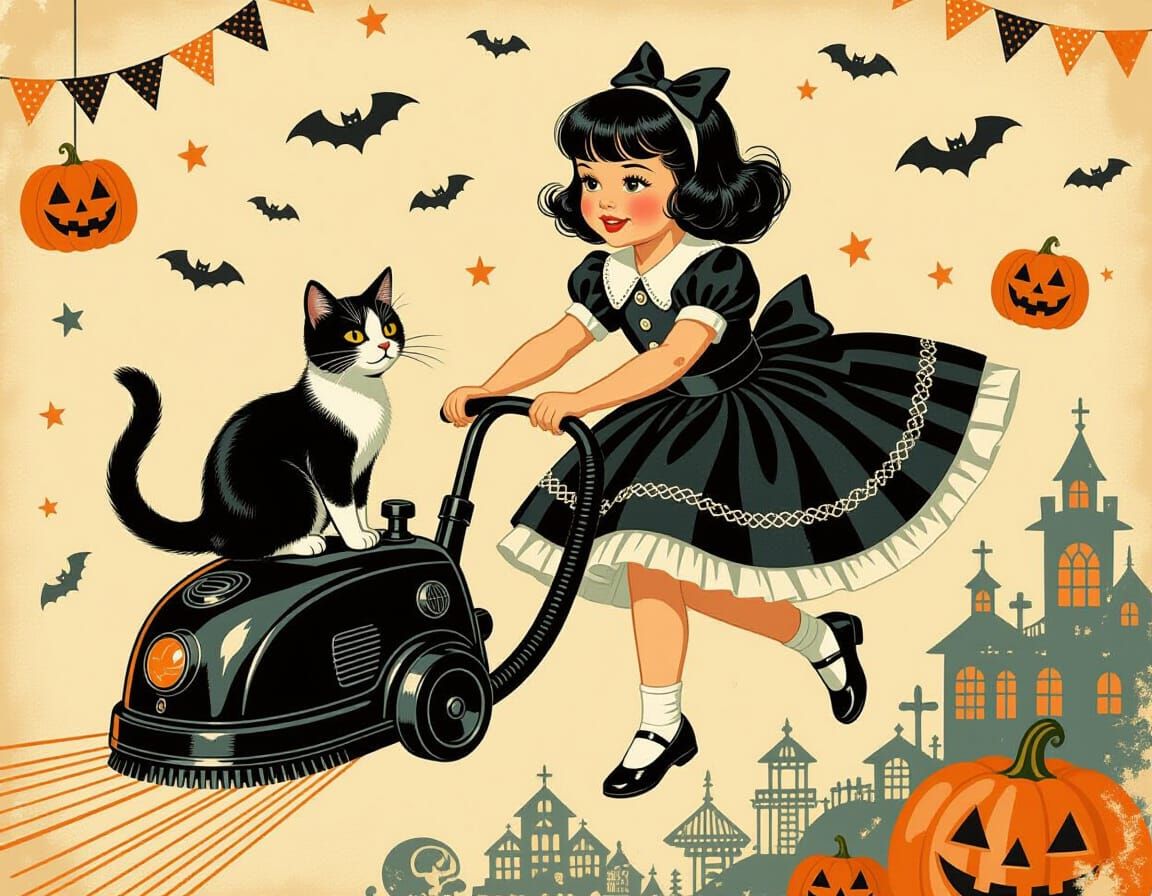 Girl and Cat Flying on Vacuum Cleaner in Pin-Up Style