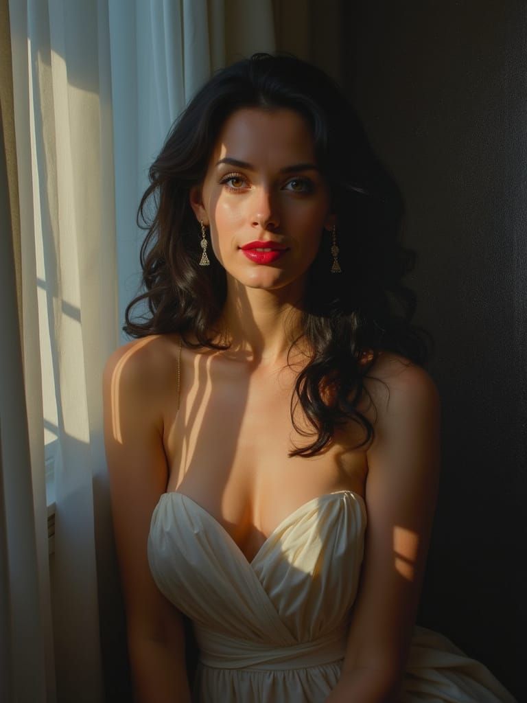 Elegant Woman in Chiaroscuro Light, Romantic Realism Style