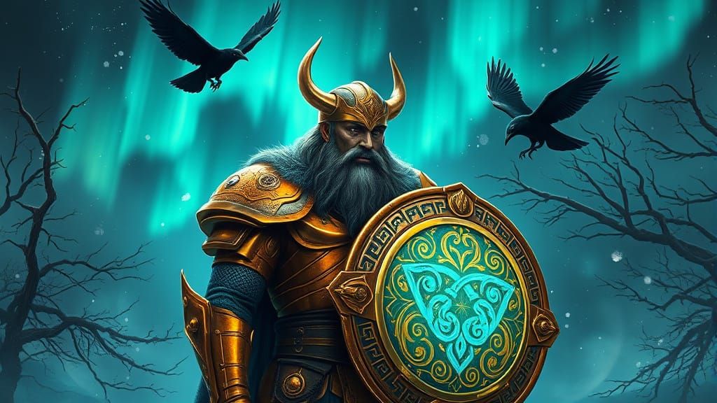 Cyberpunk Norse Warrior Under Northern Lights