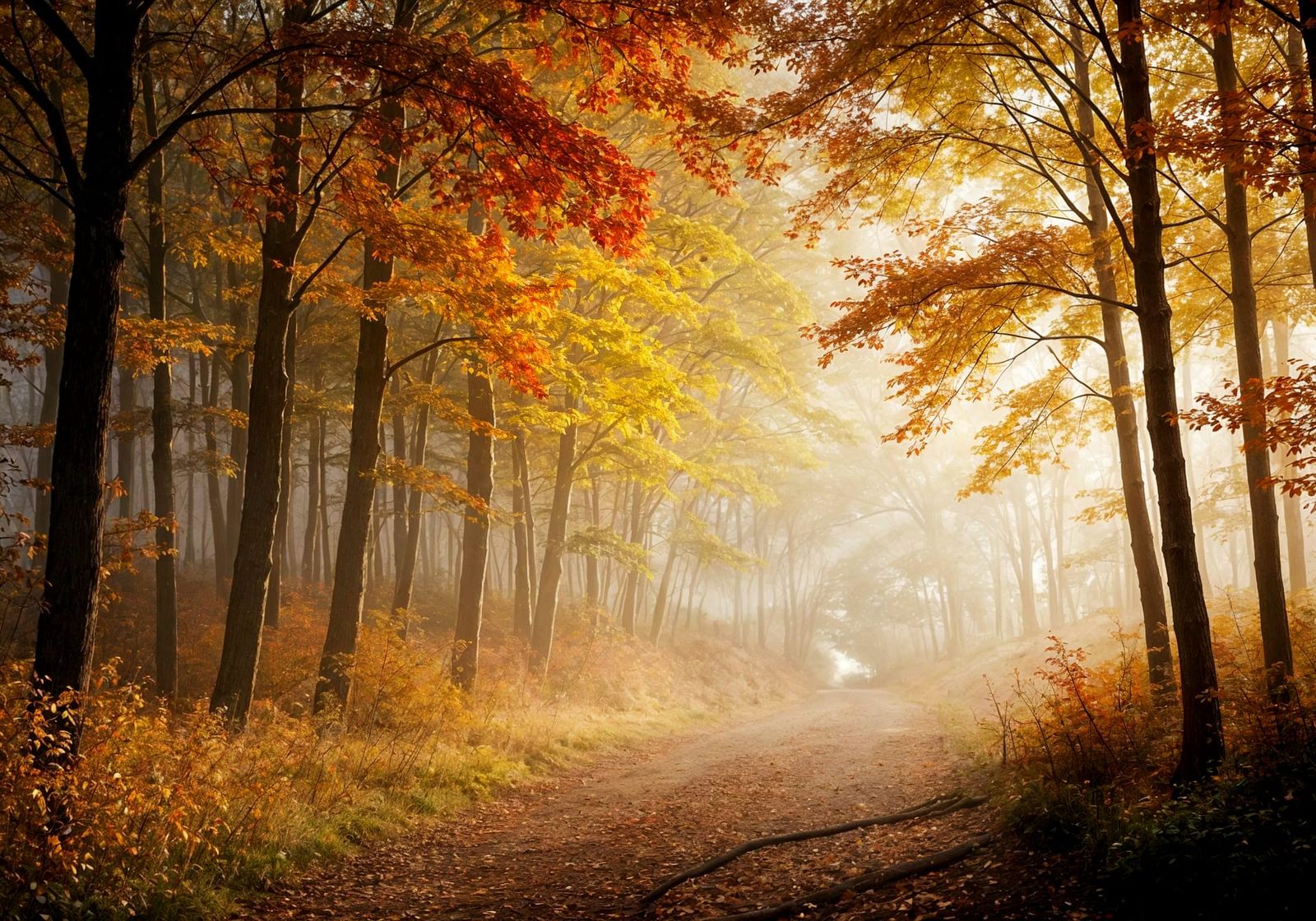 Misty Autumn Forest Path Glows with Sunrise Light