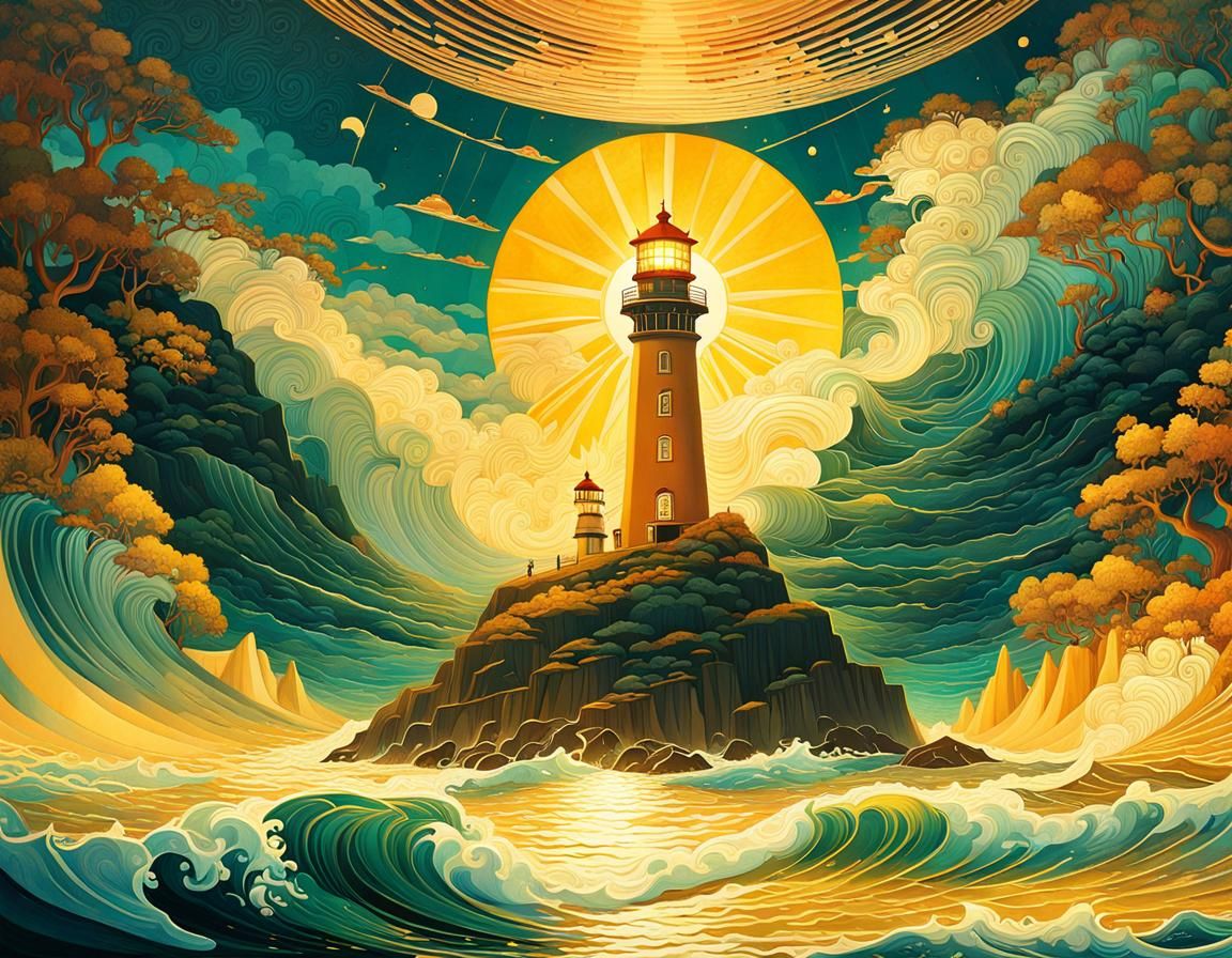 Golden Hour Lighthouse Seascape in Cell-Shaded Style