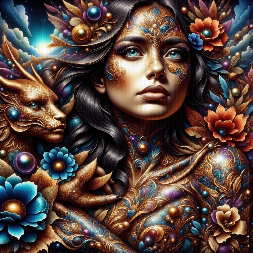 Woman's Portrait with Spiraling Hair and Dragon Tattoo