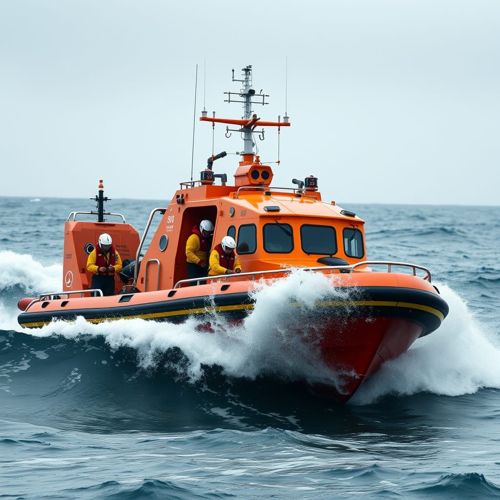 RNLI Lifeboat Navigating Stormy Seas: Photorealistic 35mm Ae...