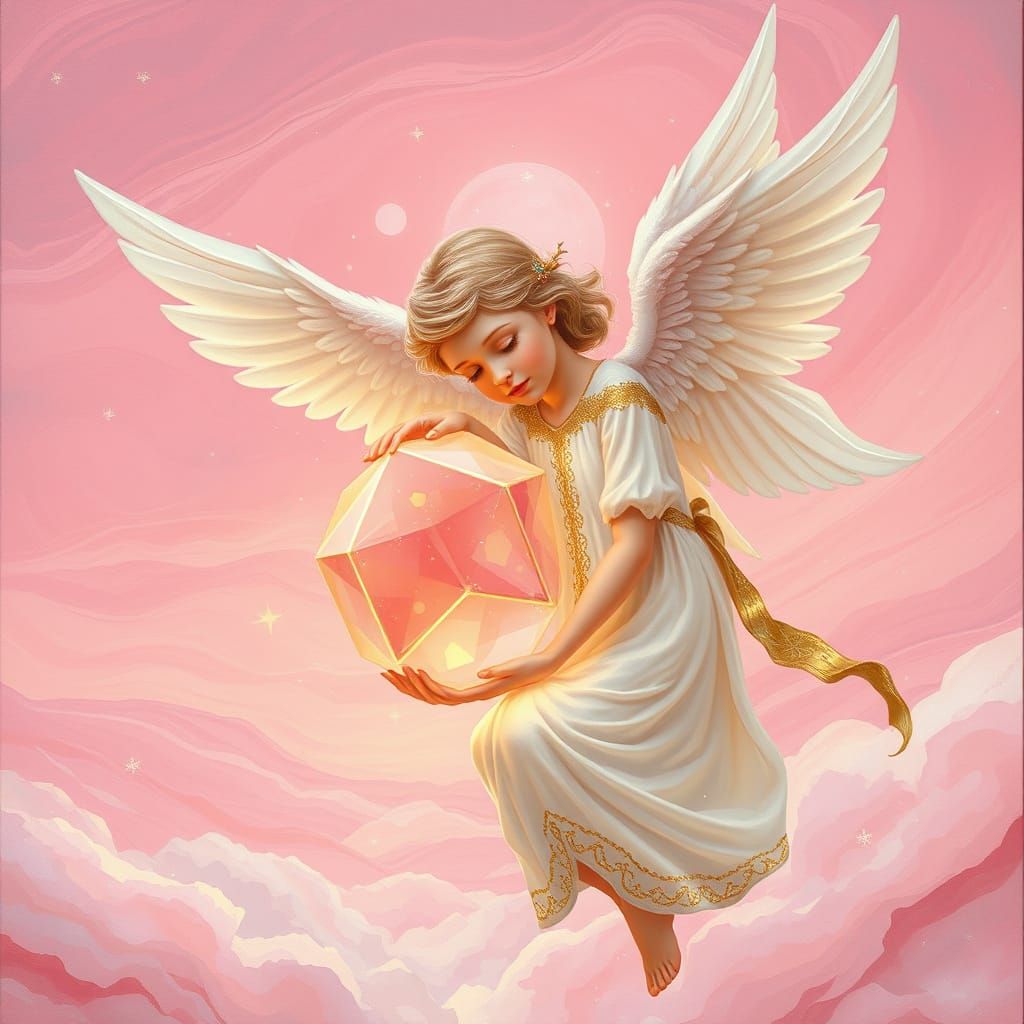 Angel and Octahedron in Dreamy Pastel Sky with Glittering St...