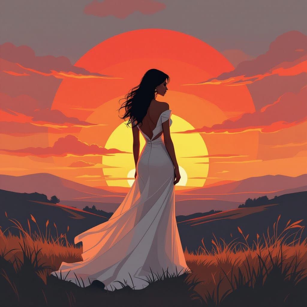 Elegant Woman Silhouette at Sunset, Ink Illustration