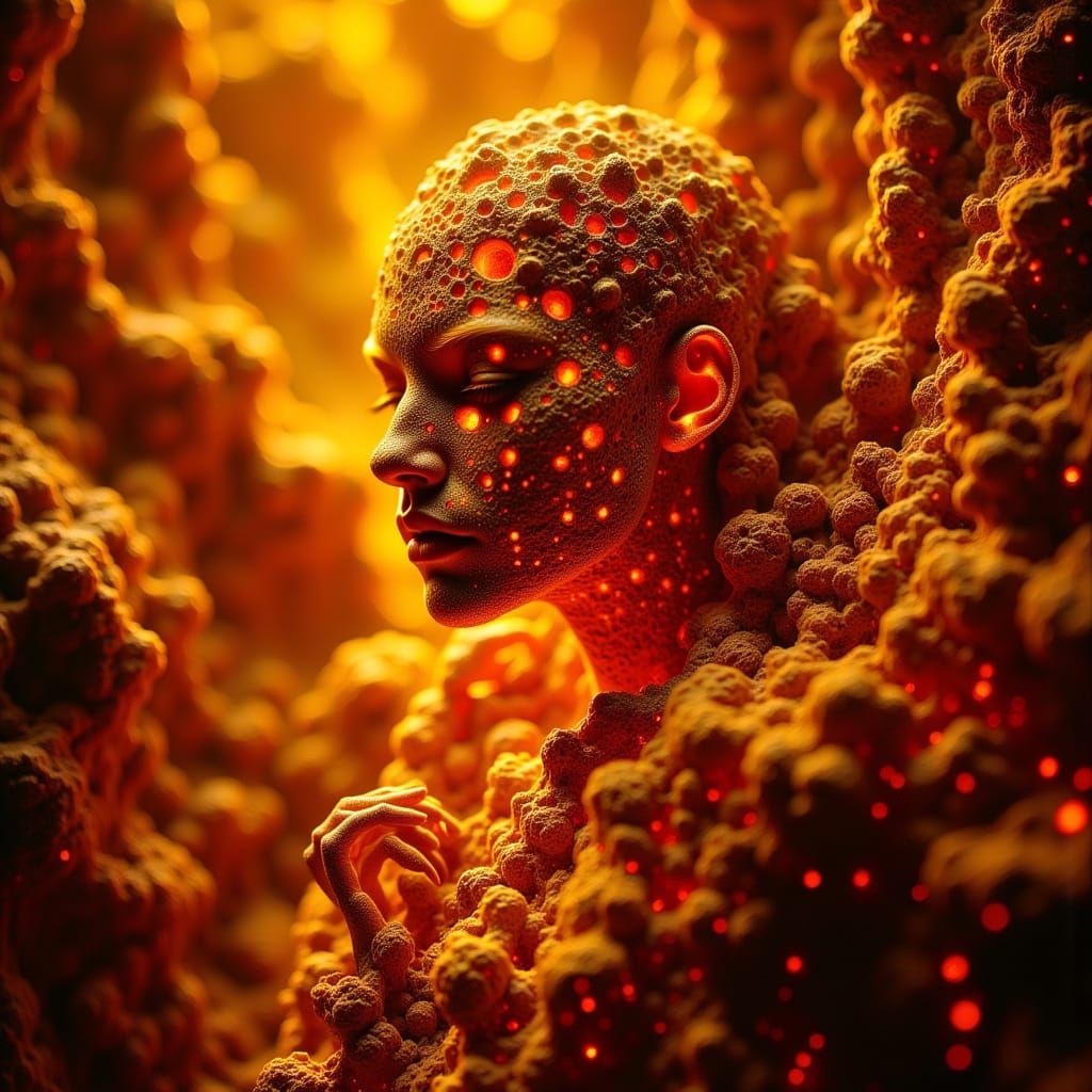 Vibrant Amber and Red Abstract Art in Dark Oil Style