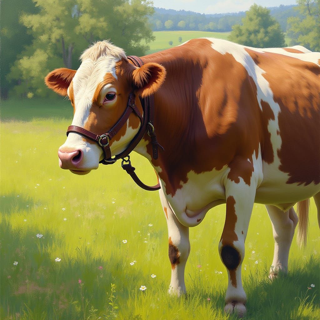 Impressionist Cow in Lush Meadow
