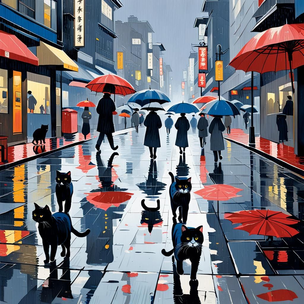 Rainy City Street Scene with Cats: Impressionistic Style