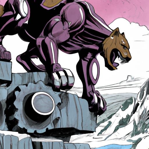 Robot Panther Growling on Cliff in Mignola Style