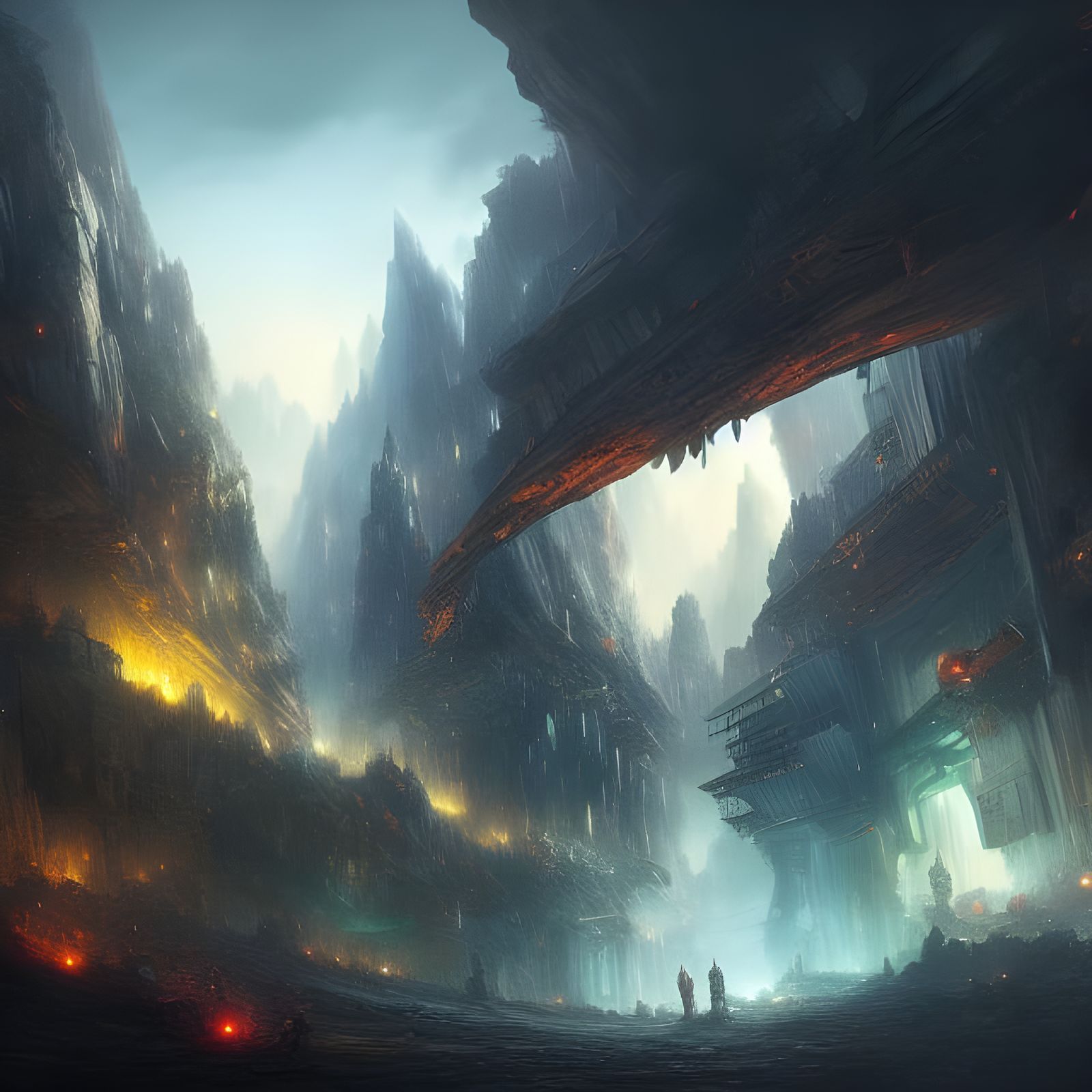 Fantastical Cavern City Painting in Deep Color