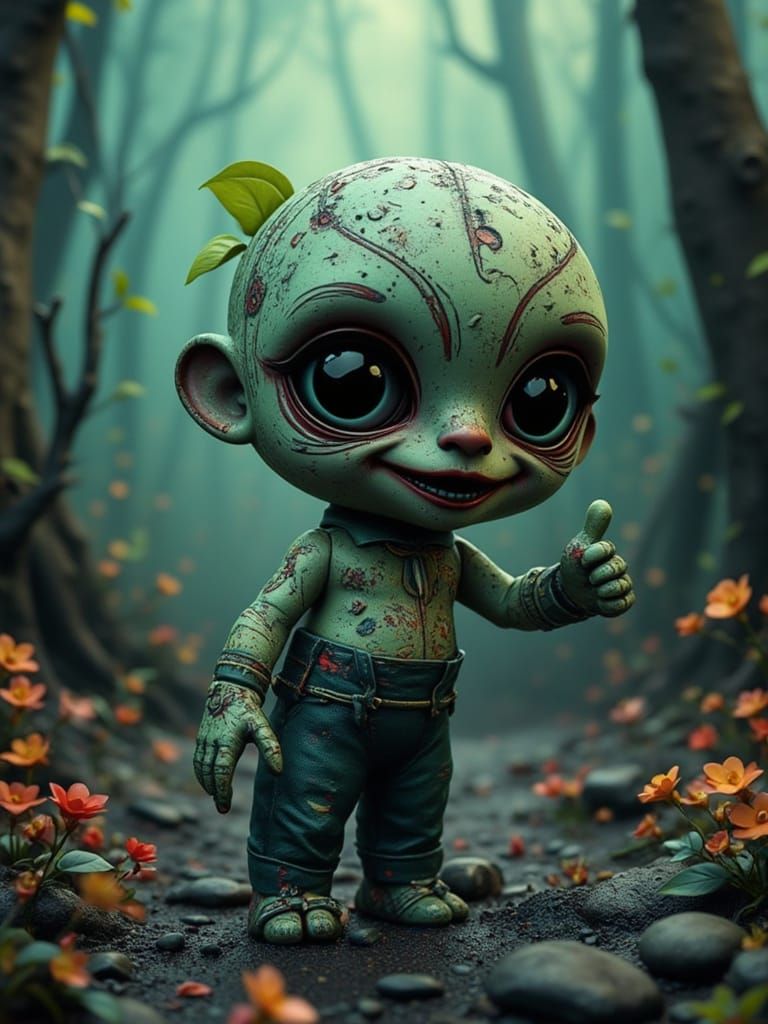 Surreal Chibi Voodoo Doll in Dark Fantasy Landscape
