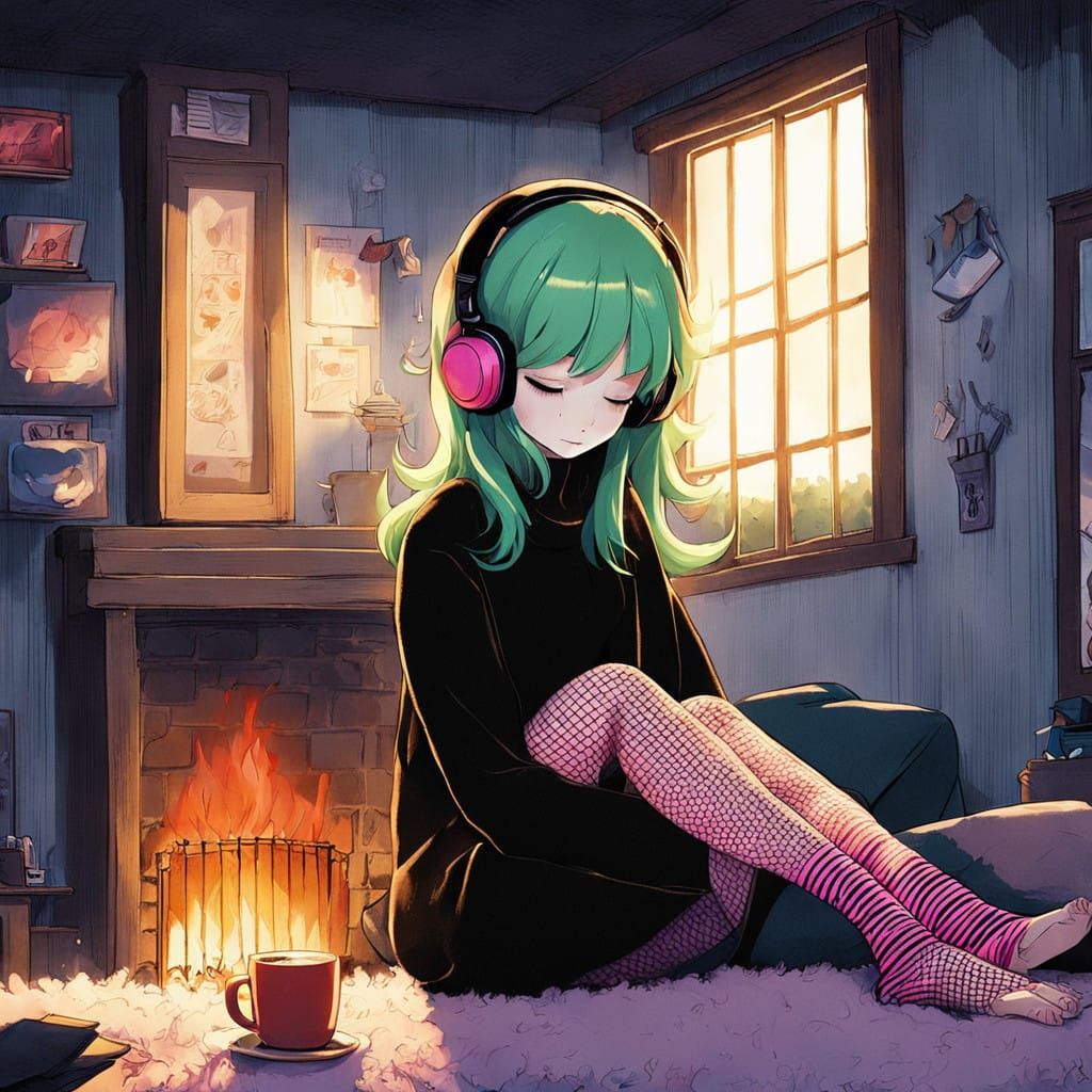 Cute Emo Girl Sleeps Near Cozy Fireplace in Anime-Inspired S...