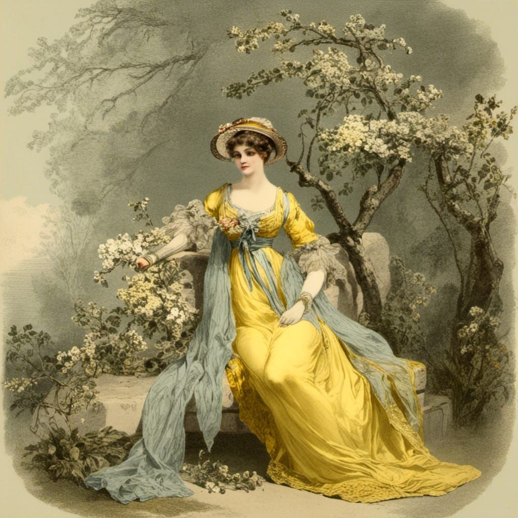 Woman in Regency Dress in Blossom Garden