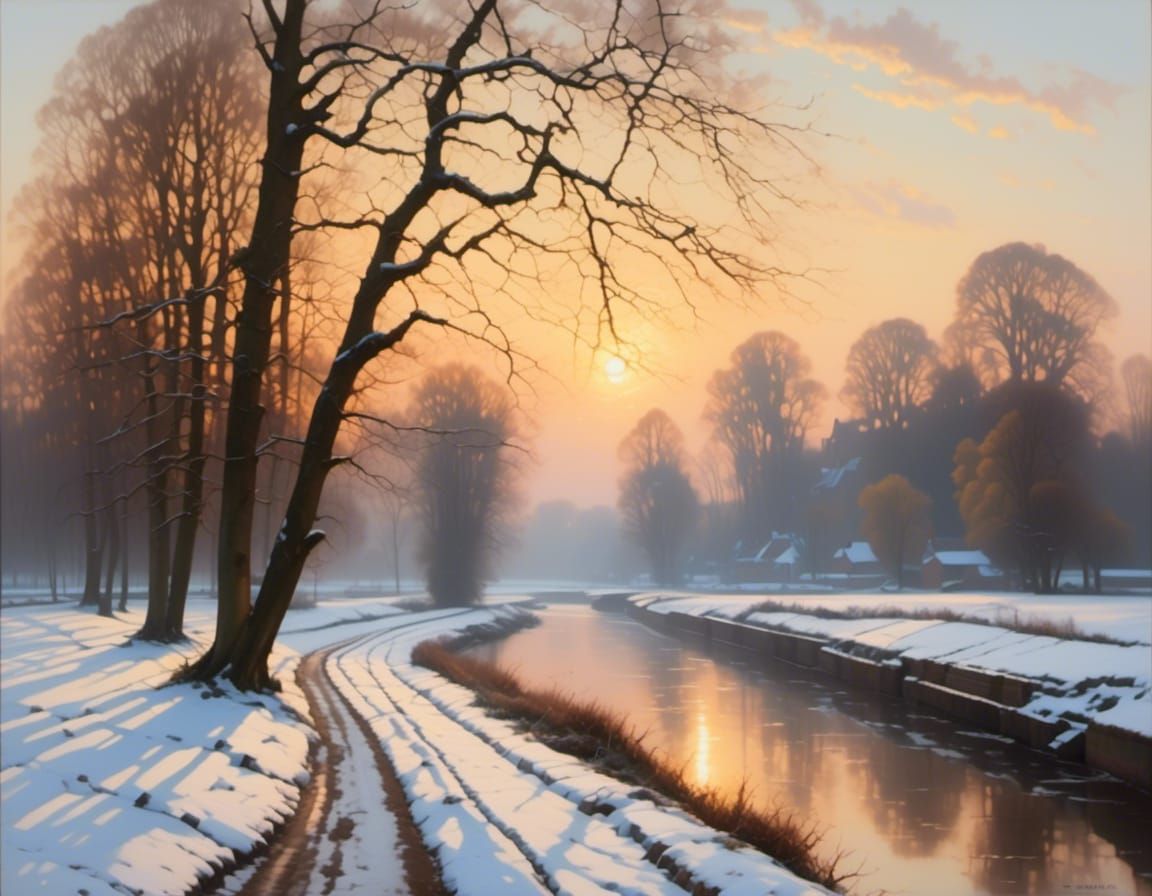 Winter Canal Landscape in Dutch Style