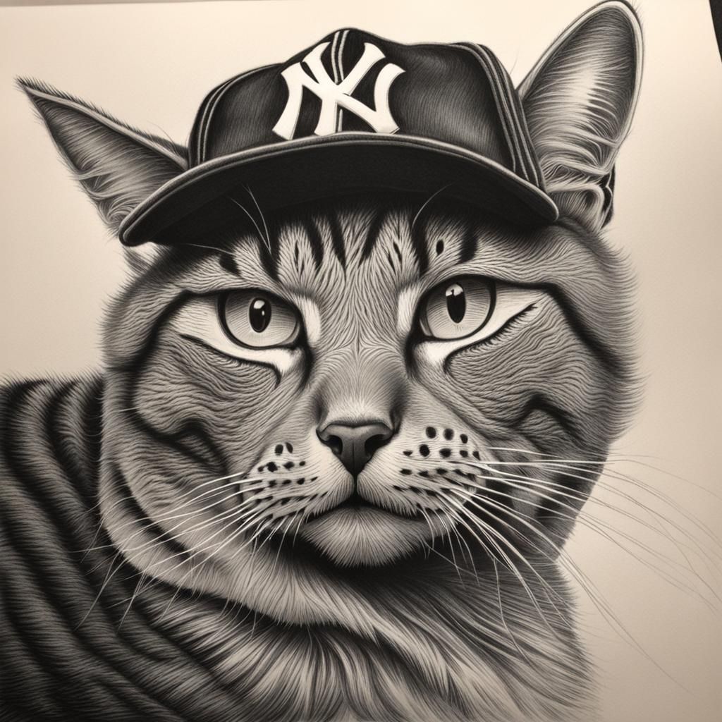 Hyperdetailed Charcoal Drawing of Cat in Yankees Cap