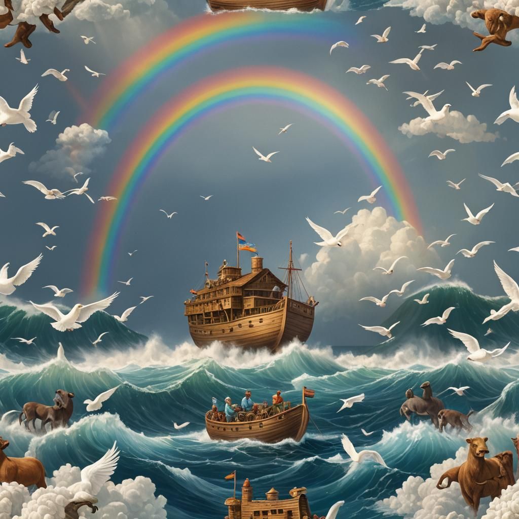 Create an ultra high definition image of a rainbow and underneath the rainbow an image of Noah's ark in the ocean. With ...