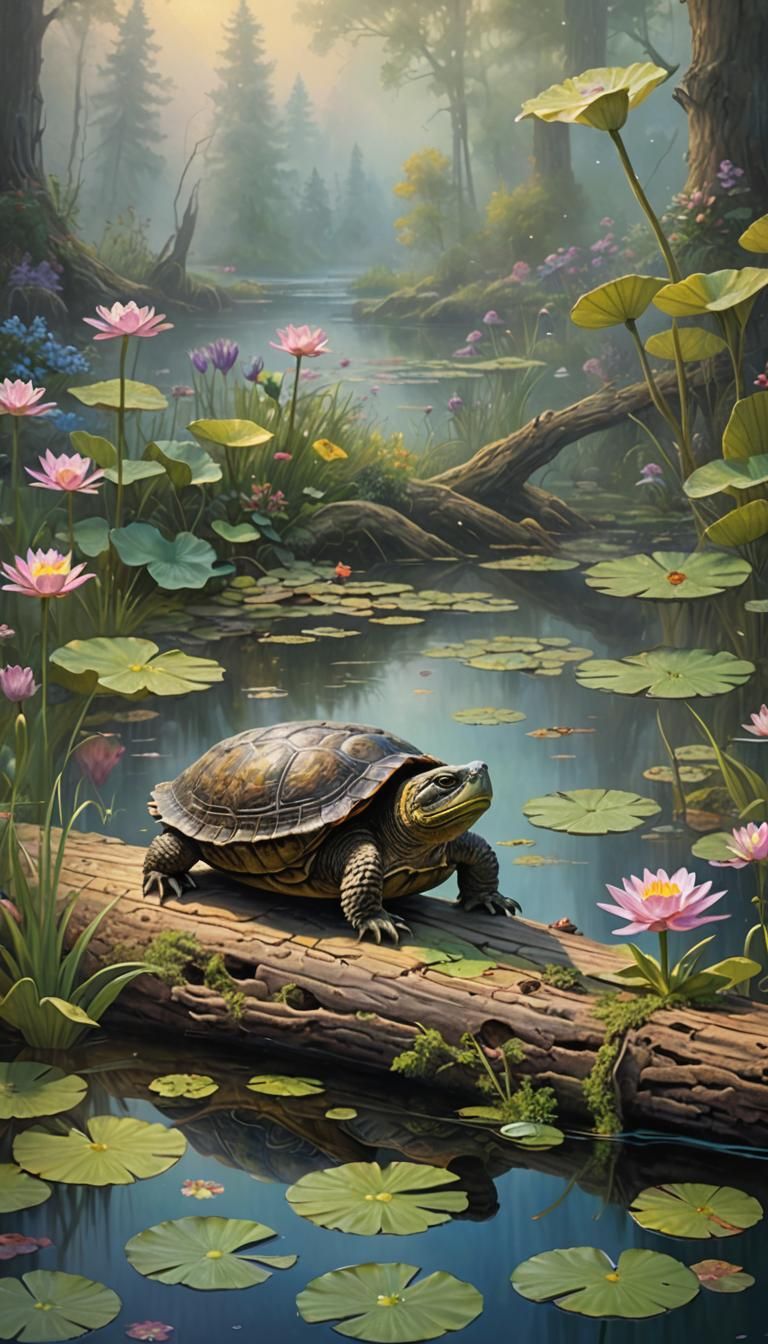 Snapping Turtle in Pond, Ethereal Fantasy Style