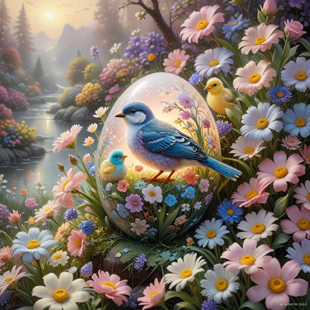 Ethereal Easter Egg with Birds and Flowers