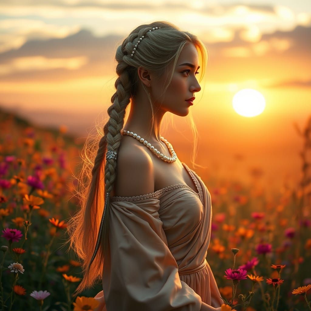 Eurasian Woman in Wildflowers: Art Nouveau Style