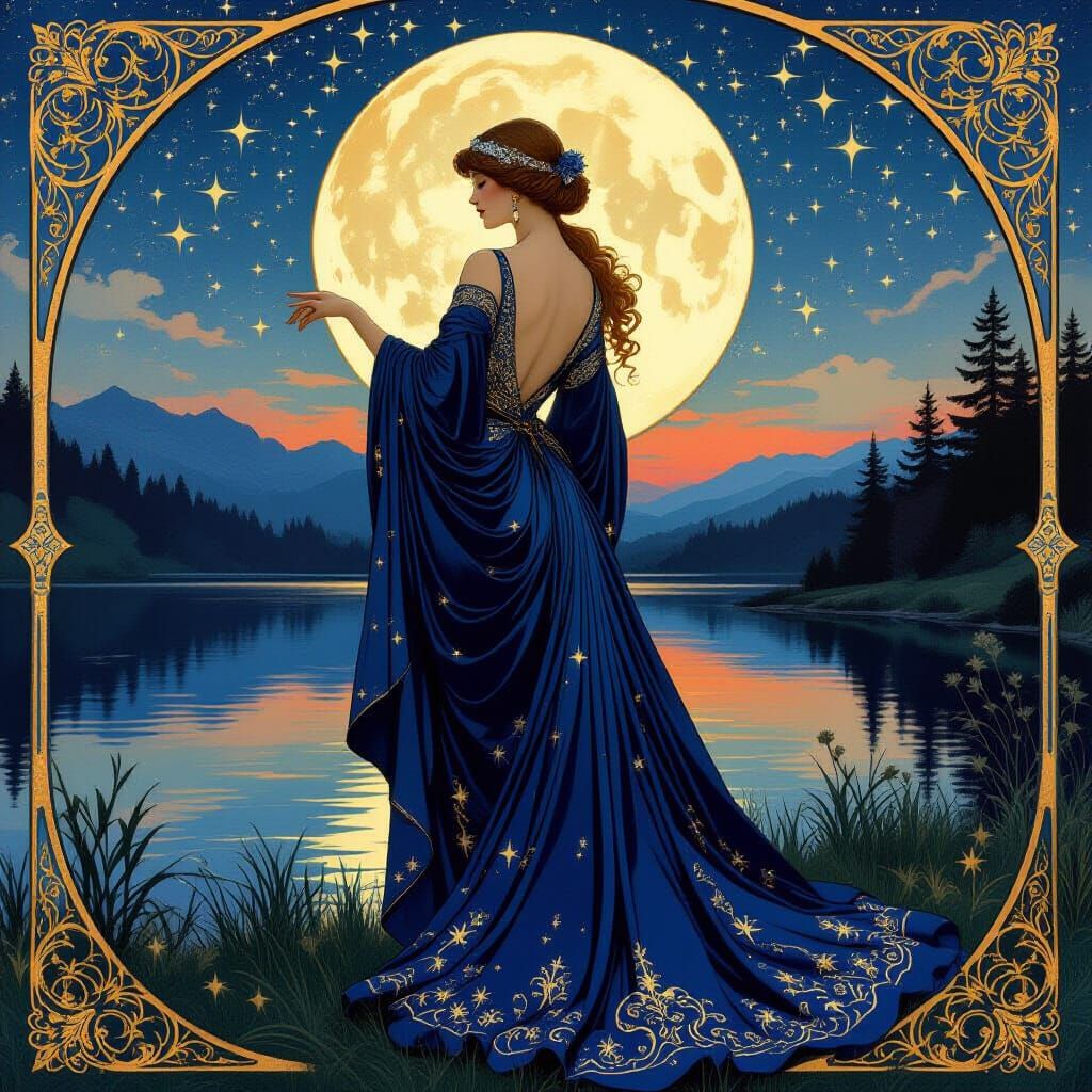 Ethereal Maiden in Midnight Garden, Art Nouveau Style