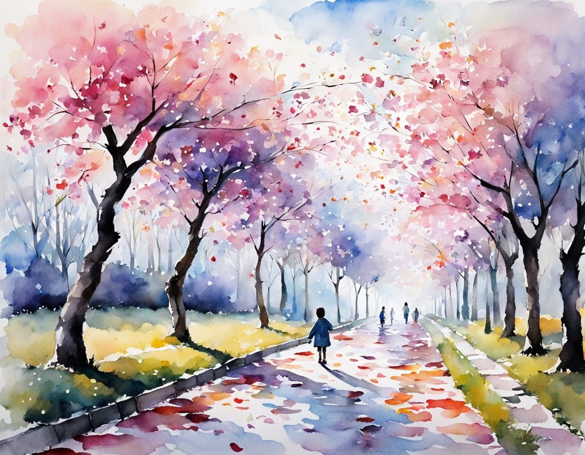 Dusk Cherry Blossom Lane in Watercolor
