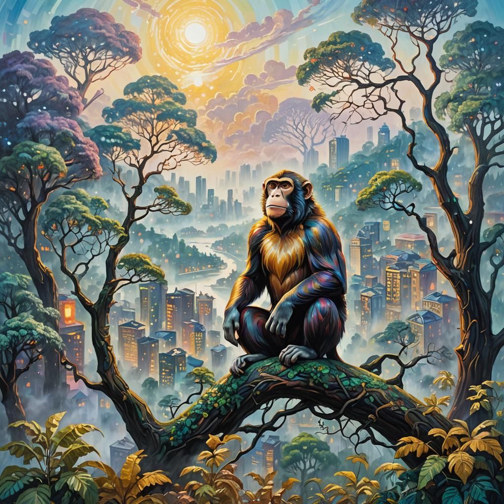 Giant Monkey Over Glimmering City, Surreal Oil Painting