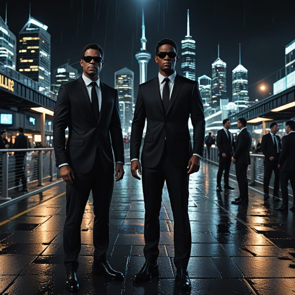 Men in Black Agents in Auckland, Photorealistic Sci-Fi