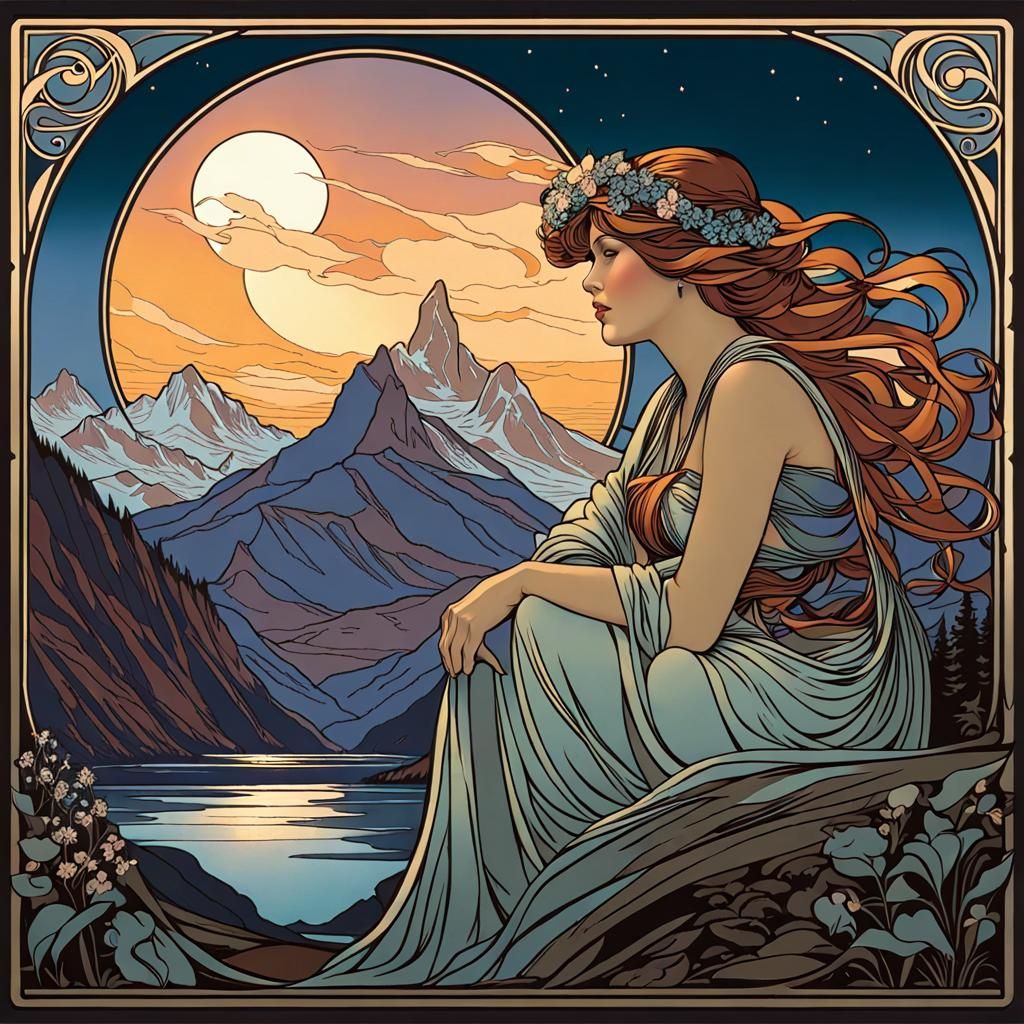 Majestic Maiden in Moonlit Mountains, Art Nouveau Style