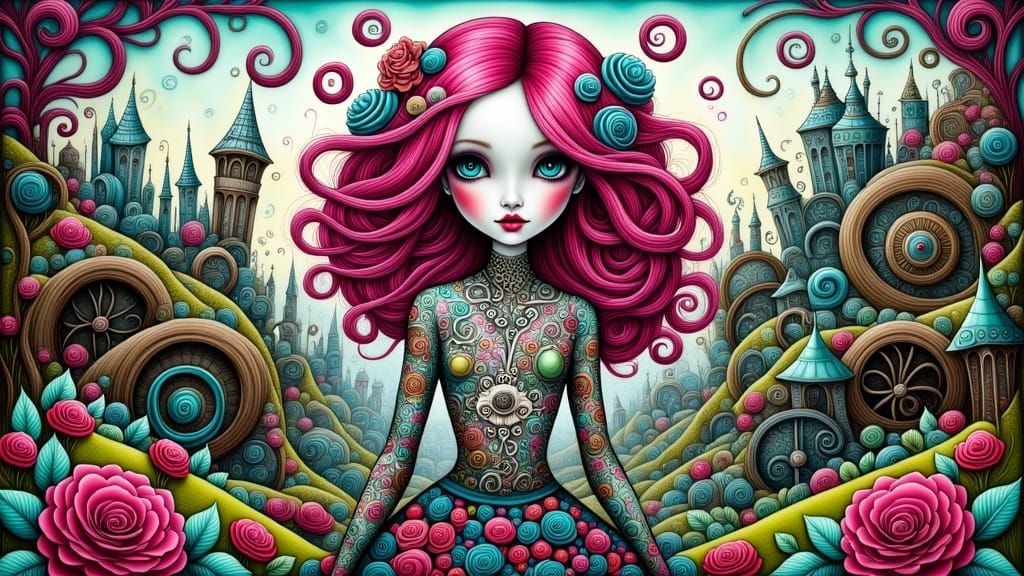 Gothic Whimsy Tattoo Barbie in a Gritty Junkyard