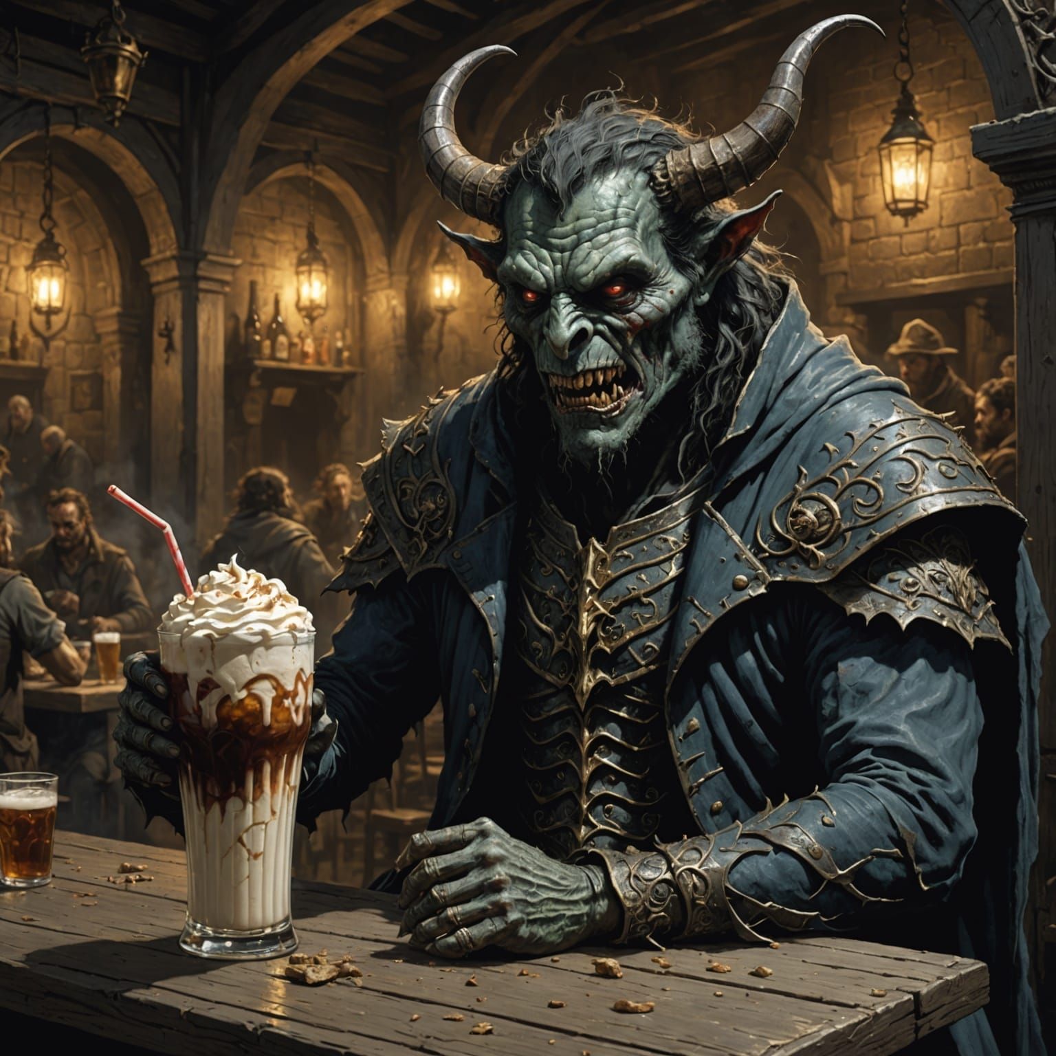 Detailed Demon Drinking Beer and Milkshake