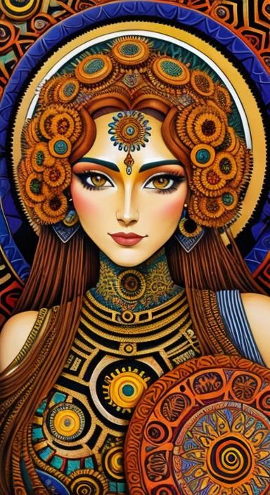 Robot Goddess with Marigold Hair in Geometric Style