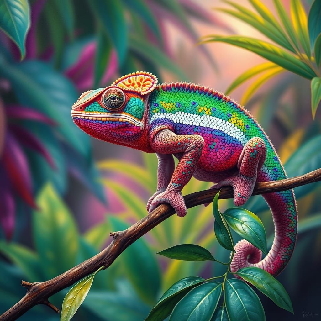 Iridescent Chameleon in Tropical Jungle Painting
