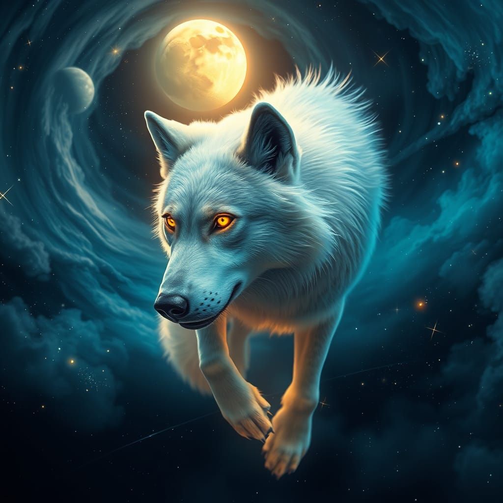 Cosmic Wolf Transcending Reality in Ethereal Starlight