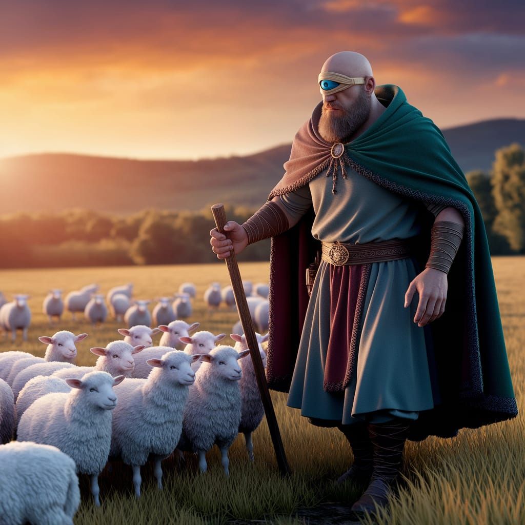 Cyclops Tending Flock in Golden Sunset