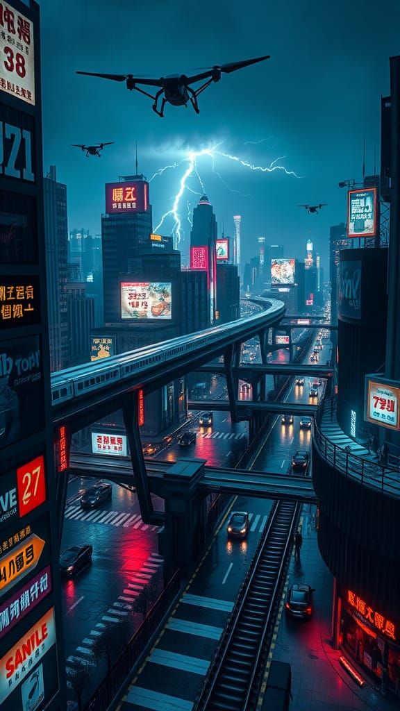 Futuristic Cybernetic Metropolis at Night: A Glimpse of Neo-...