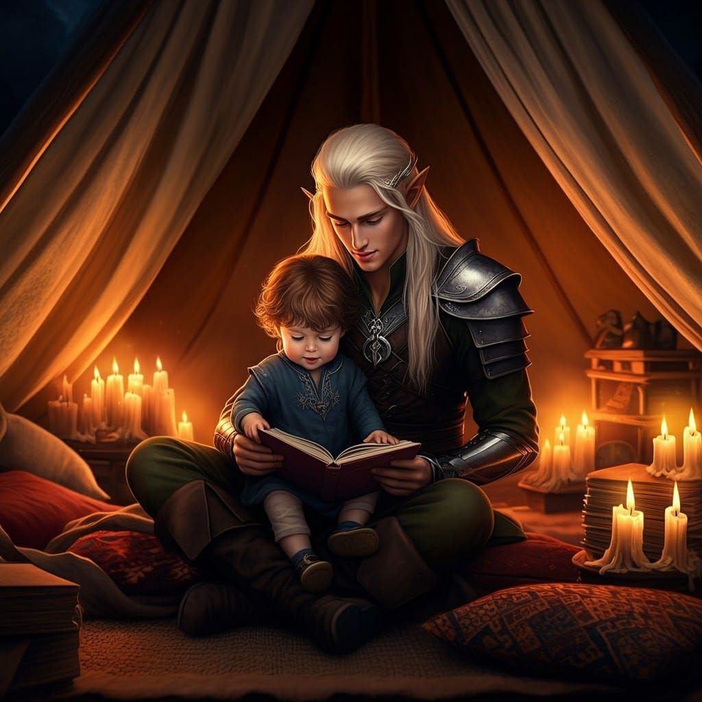 Elven Lord Teaches Son to Read: Fantasy Art