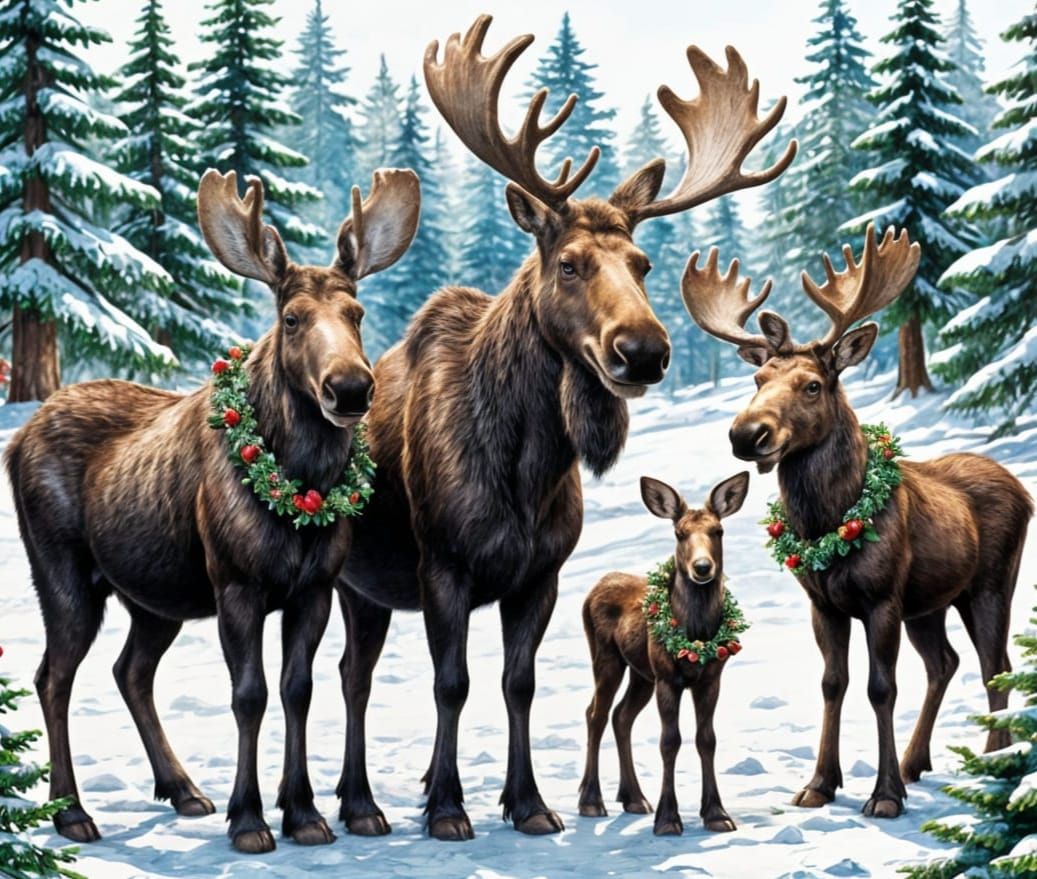 Charming Watercolor Moose Family Celebrates Christmas in Sno...