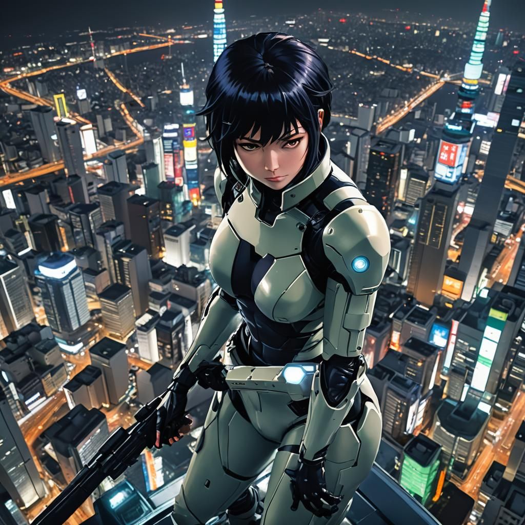 Kusanagi Motoko, watching from the top of SKYTREE, in the Tokyo night, looking for emergency occurrences that require he...
