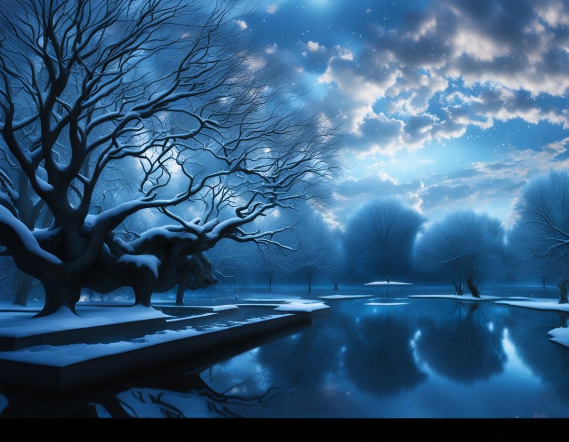 Snowy Reflecting Pool Under Cloudy Sky