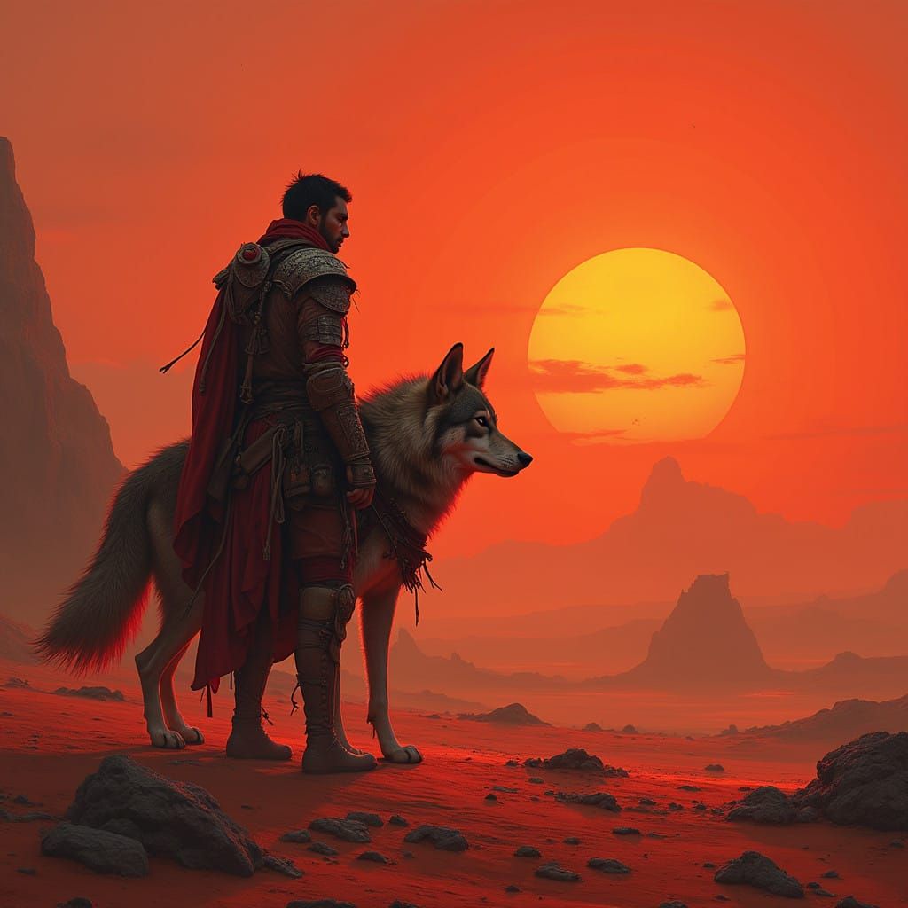 Epic Fantasy Landscape of Lone Soldier and Dire Wolf at Suns...