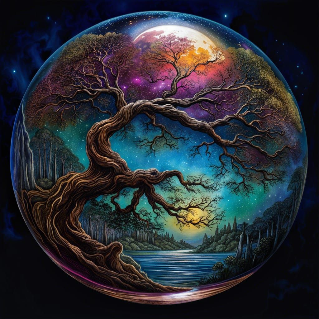 Tree Moon in Glass Orb: Photorealistic 3D Render