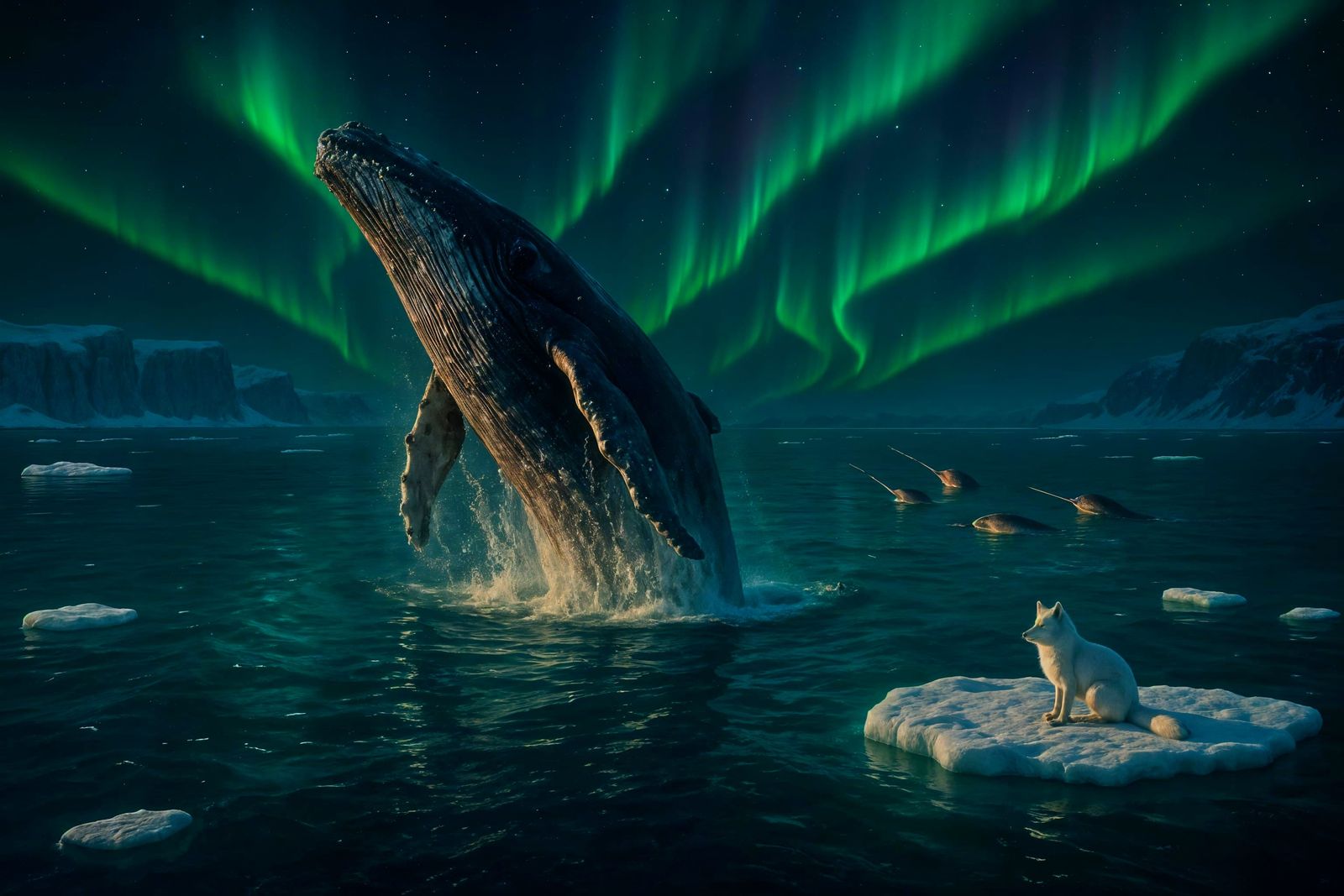 Humpback Whale Breaching Under Northern Lights
