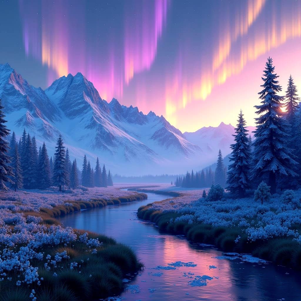 Mountain River Under Northern Lights: Fantasy Concept Art